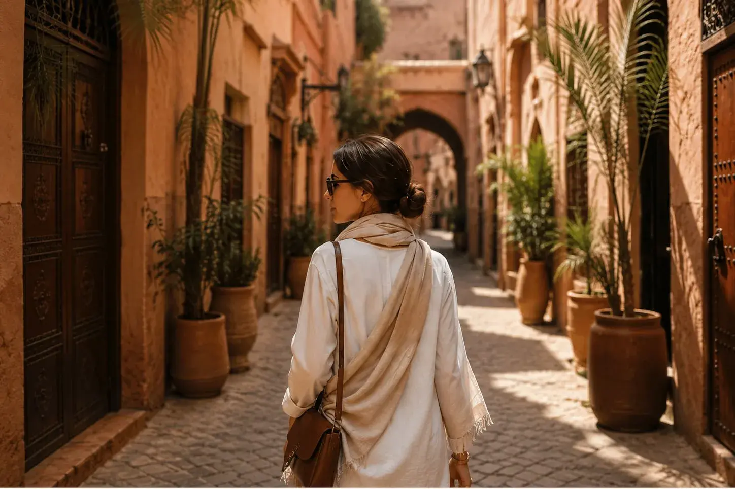 Woman traveler walking through a sunlit Marrakech alley