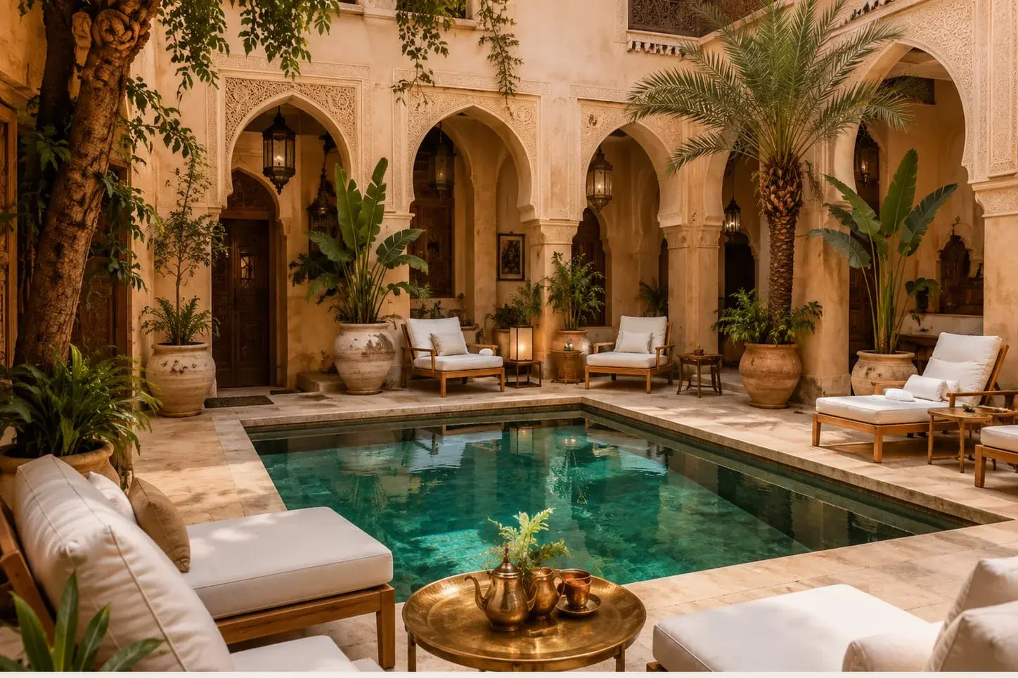 Calm riad courtyard with a turquoise plunge pool and palms