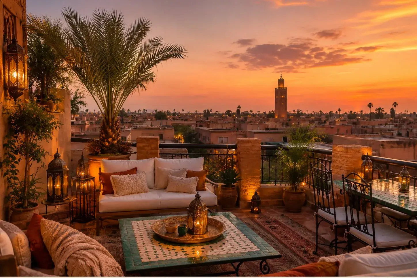 Rooftop café table at dusk