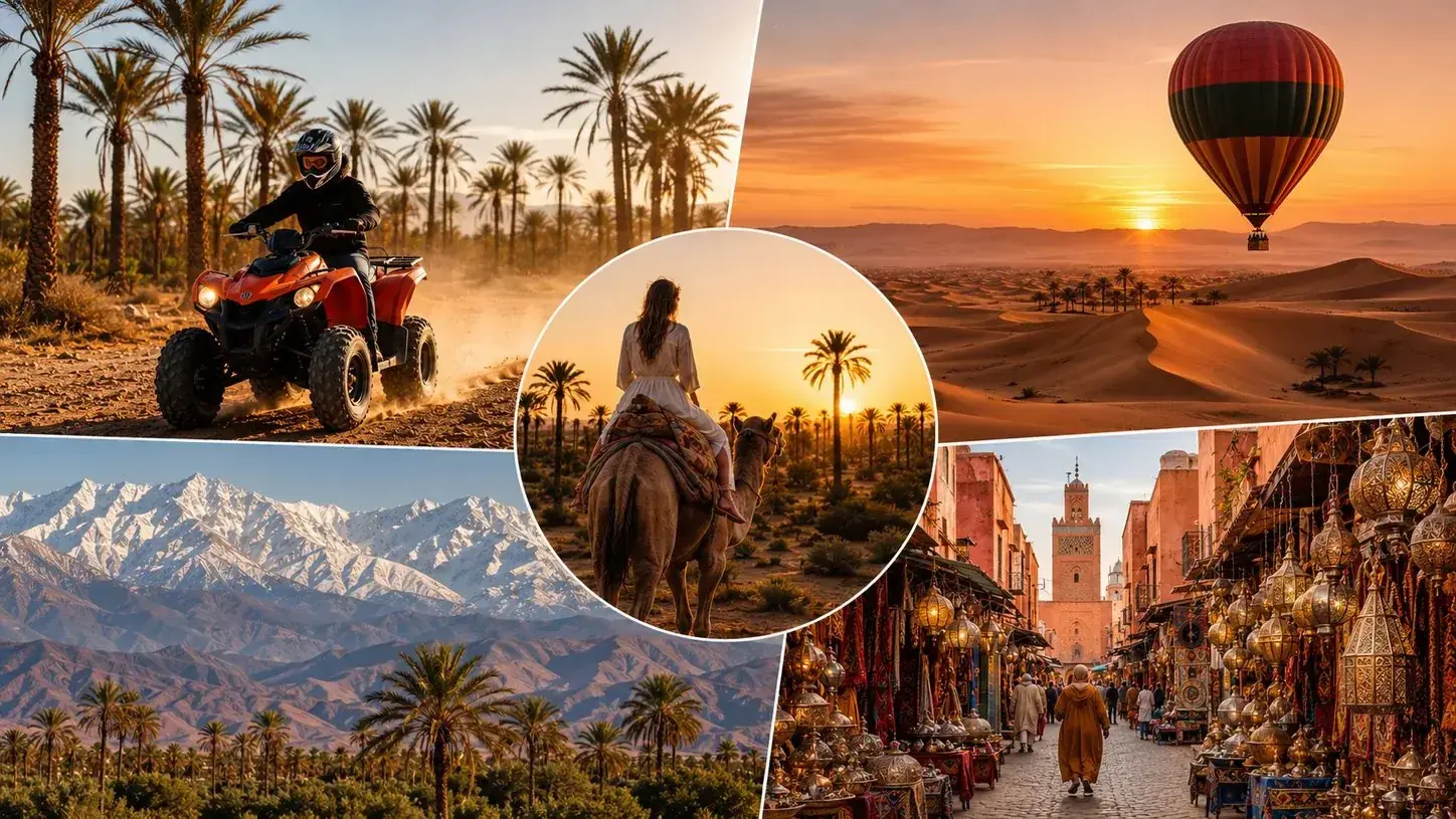 Collage of Marrakech experiences — quad biking, hot air balloon, camel ride, the Atlas Mountains, and the souks