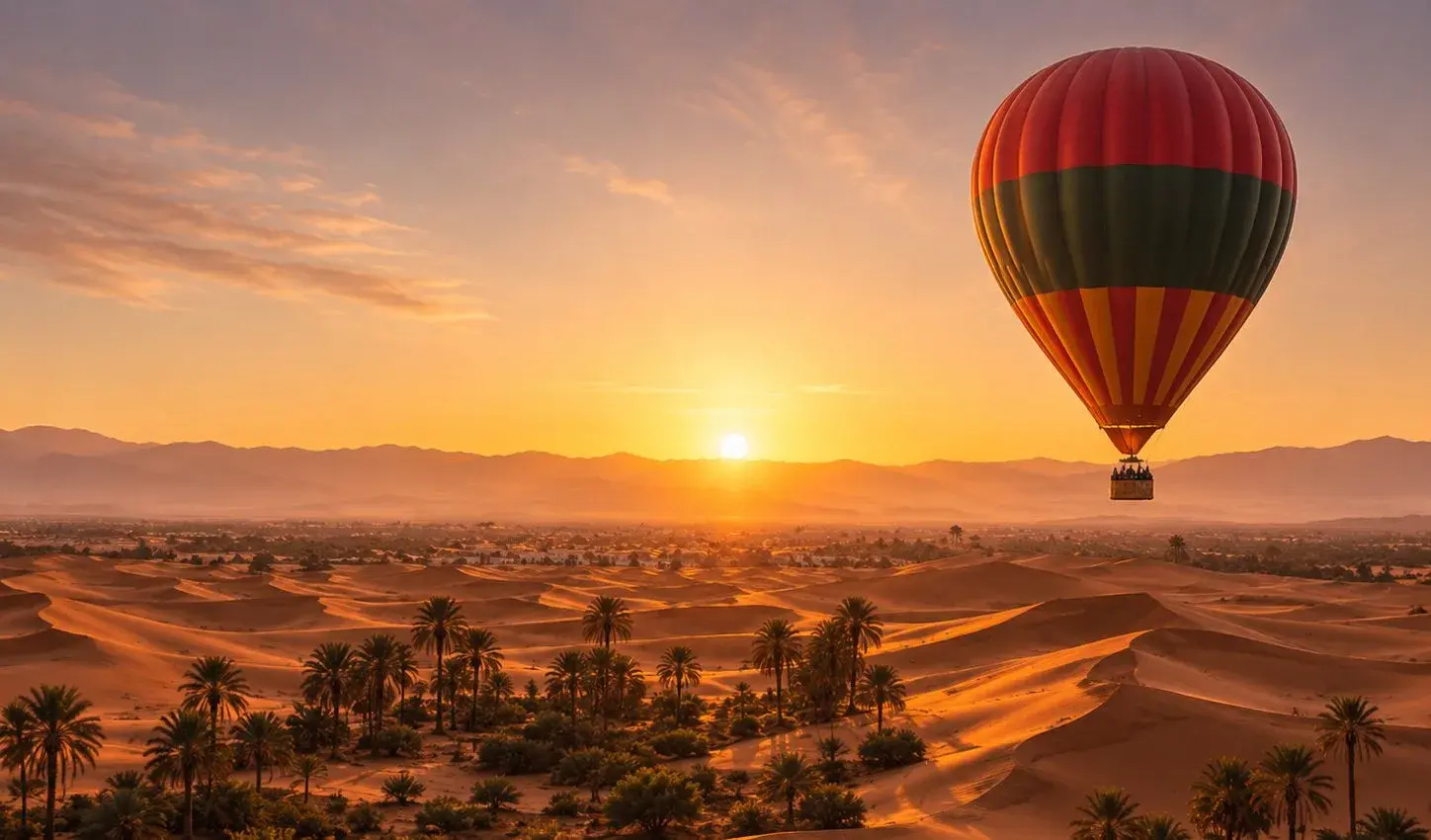 Hot air balloon floating over the desert at sunrise near Marrakech