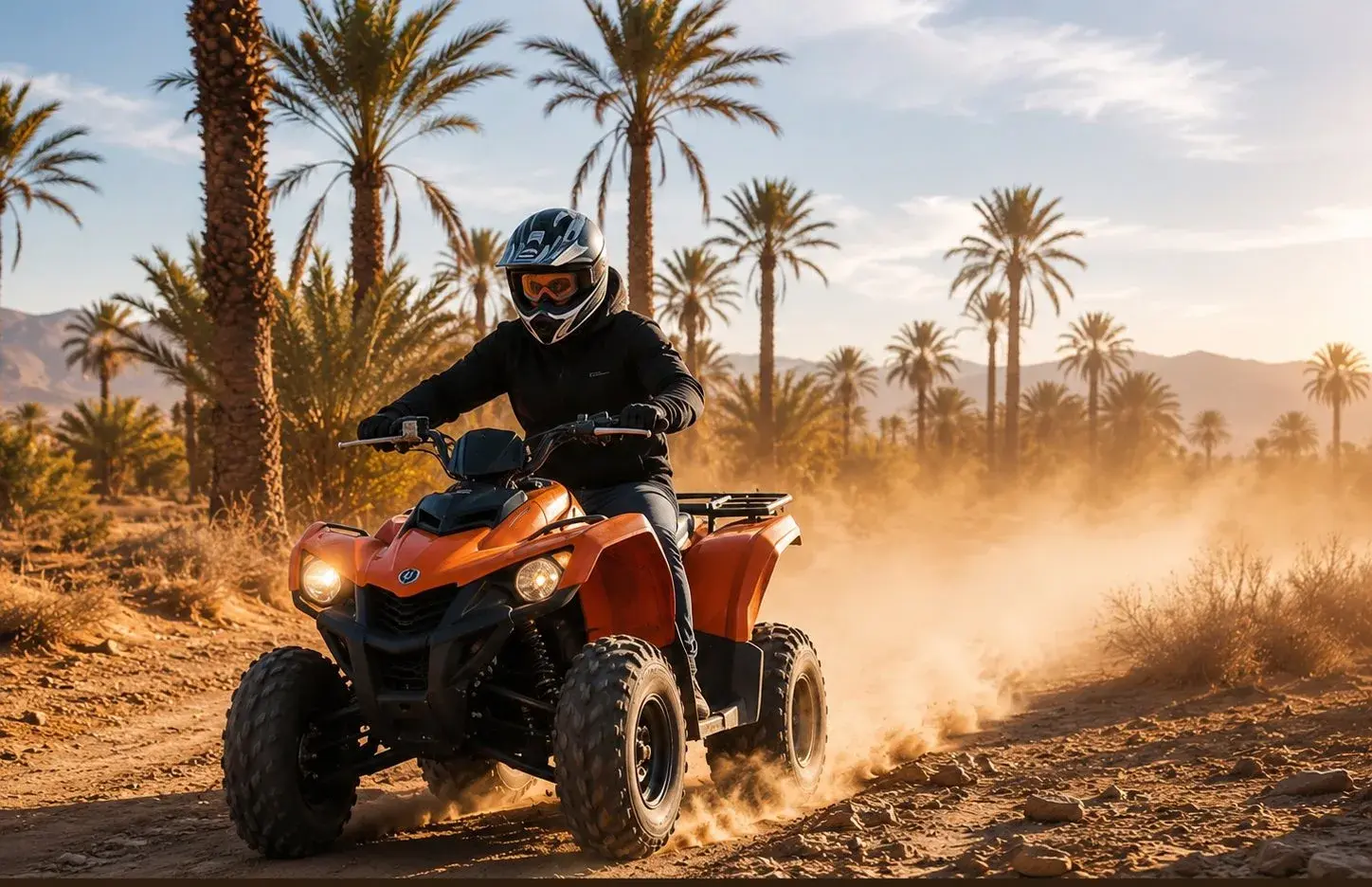 Rider on a quad bike speeding through the palm groves near Marrakech