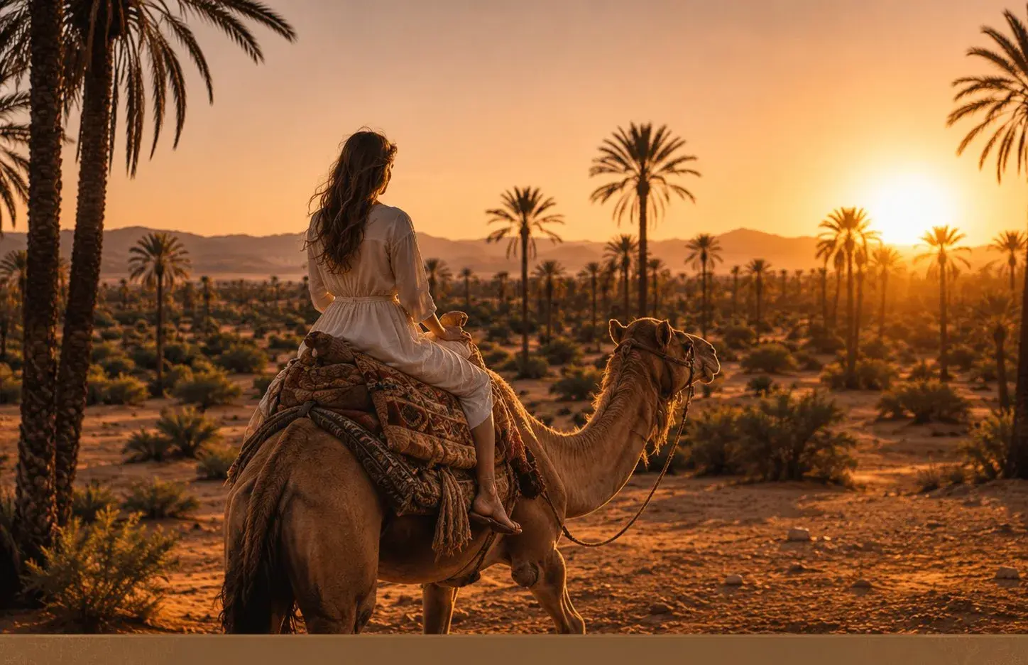 Woman on a camel at sunset in the Marrakech palm grove