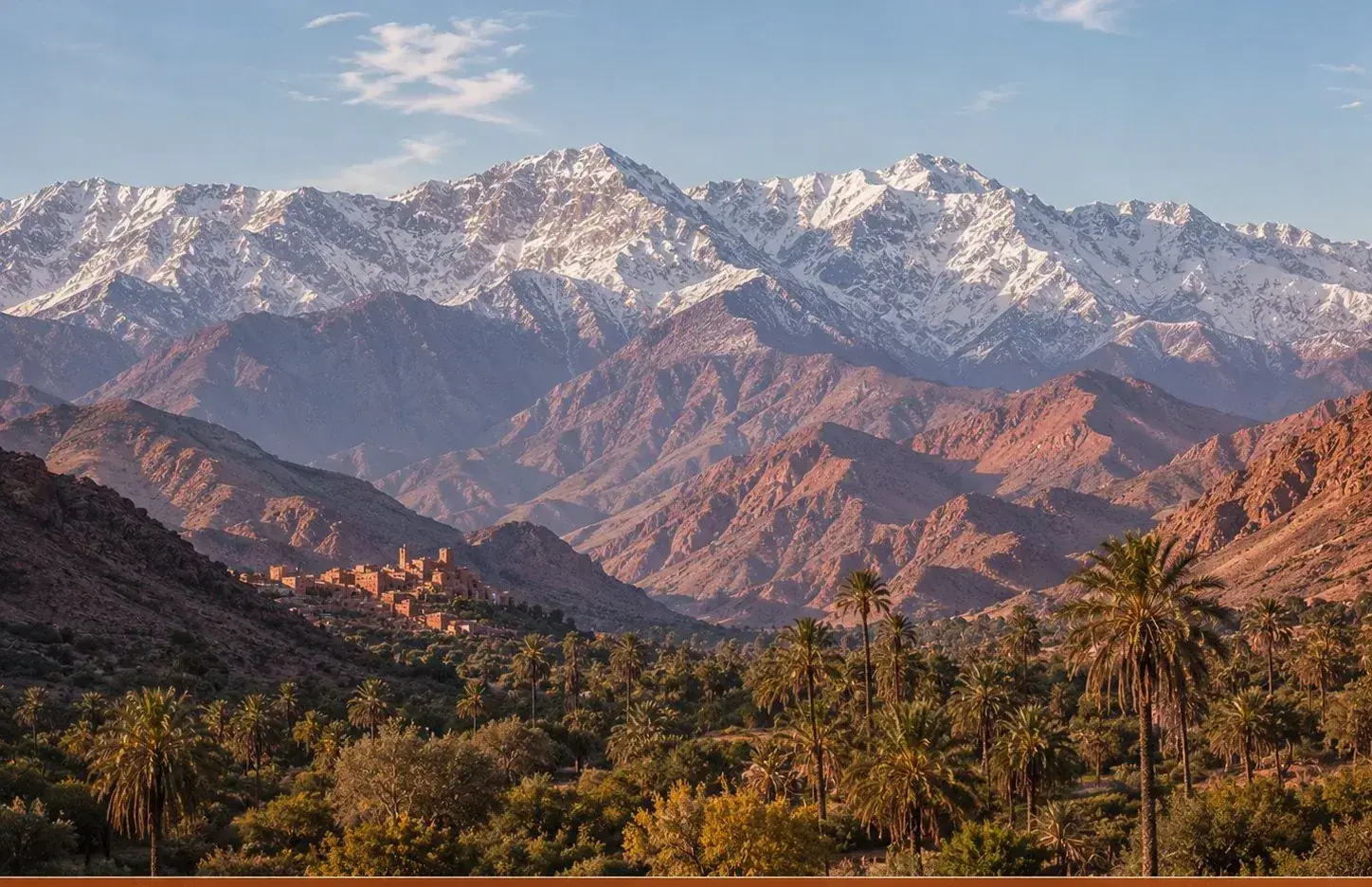 Snow-capped Atlas Mountains above a green valley near Marrakech