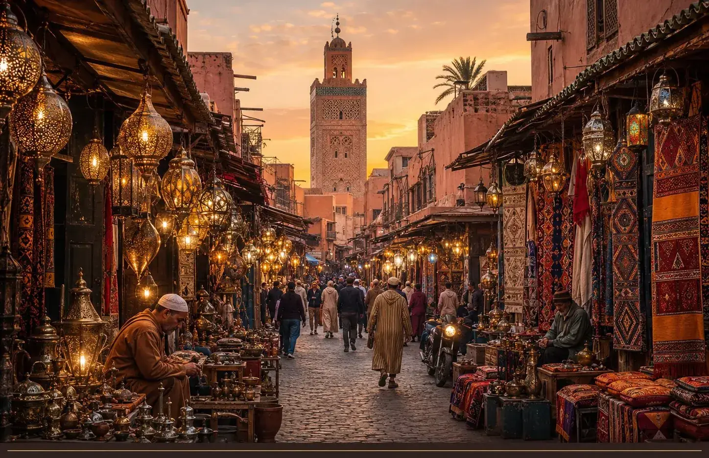 Lantern-lit souk street in the Marrakech medina at dusk