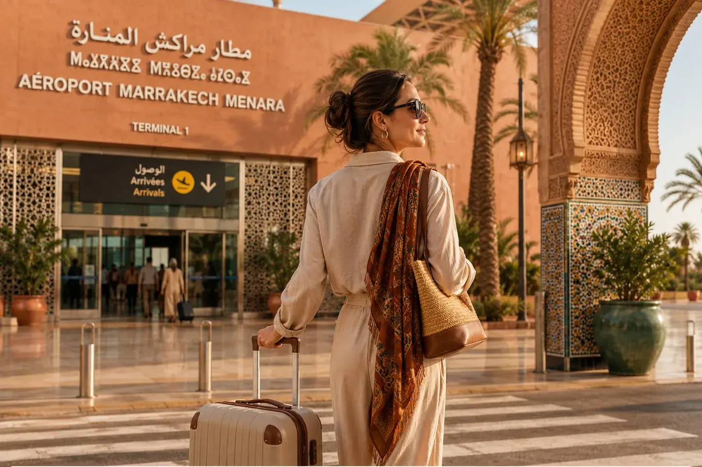 Traveler arriving at Marrakech Menara Airport with a suitcase