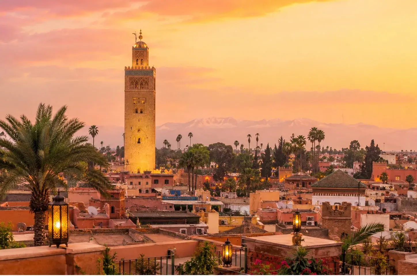 Marrakech city centre skyline with the Koutoubia minaret at sunset