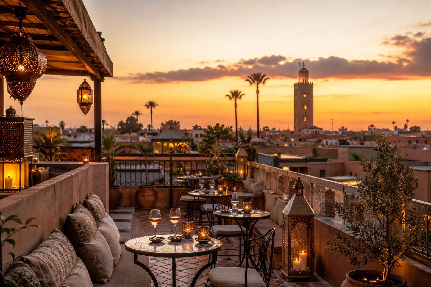 Rooftop terrace at sunset with wine glasses and the Koutoubia minaret in Marrakech