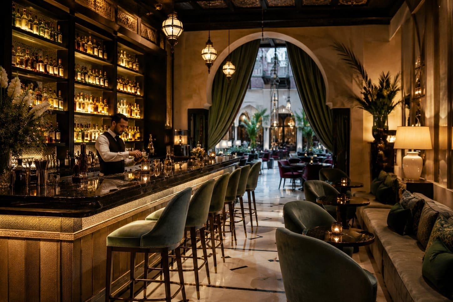 Elegant hotel bar with a bartender in Marrakech