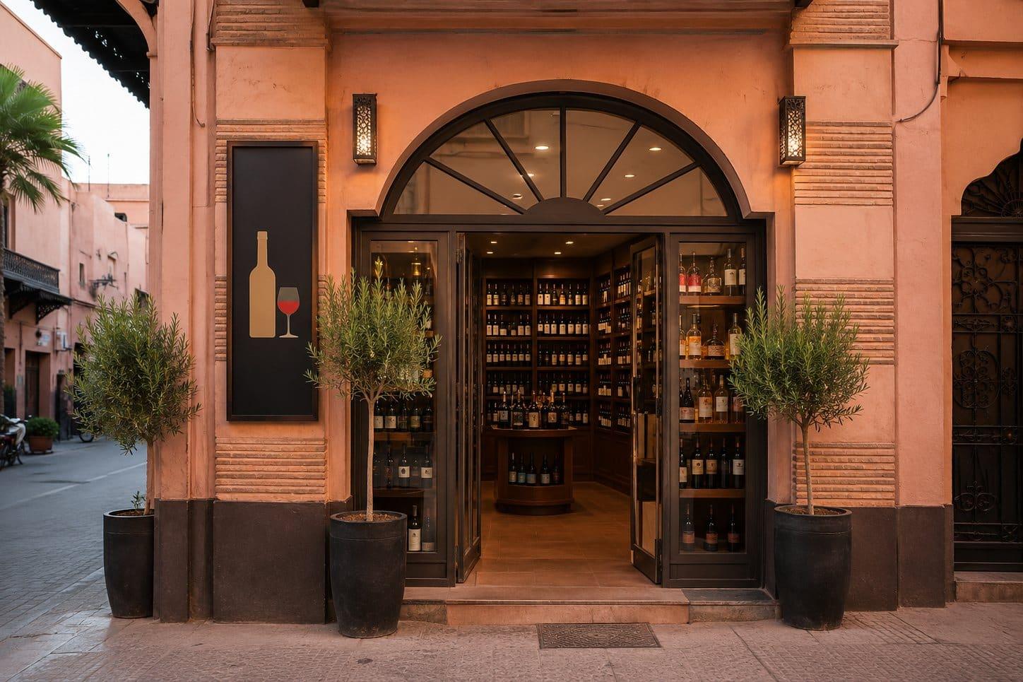 Wine and spirits shop storefront in Marrakech