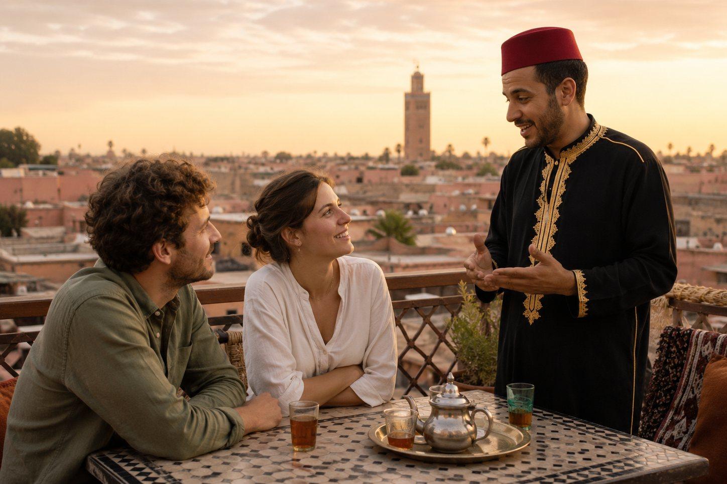 Waiter serving mint tea to guests on a Marrakech rooftop at sunset