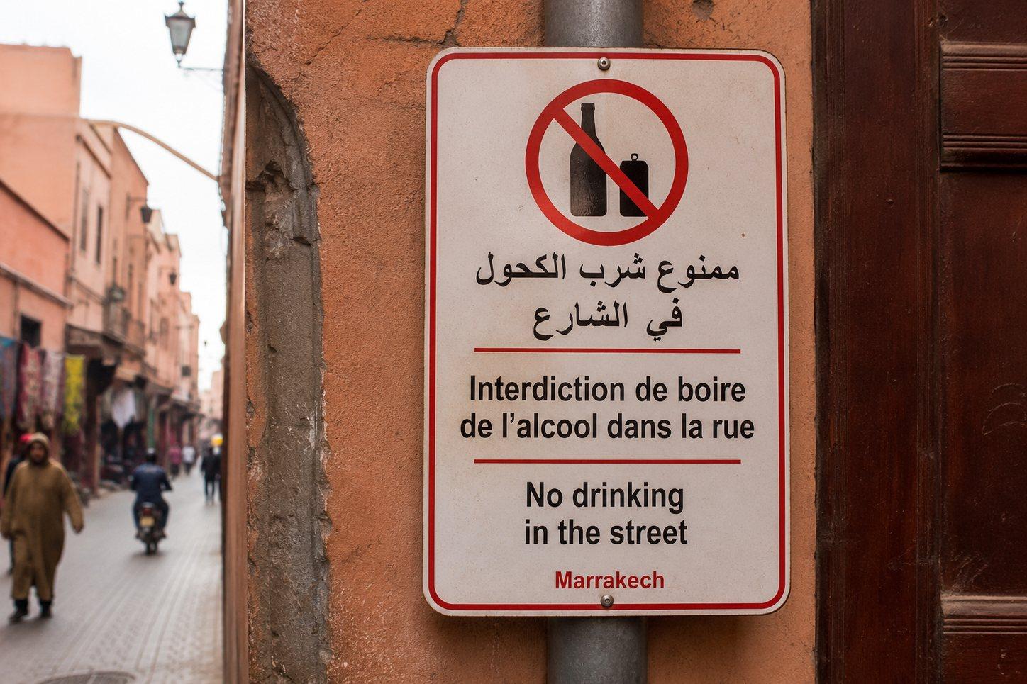 Trilingual 'No drinking in the street' sign on a Marrakech wall