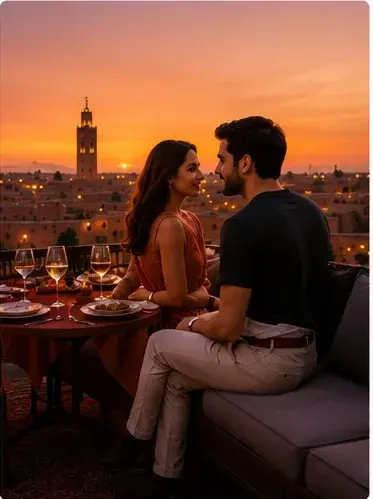 Couple enjoying a romantic rooftop view over Marrakech at sunset