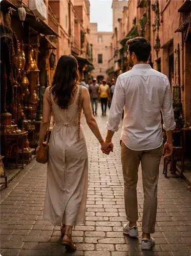 Couple walking discreetly through the Marrakech medina