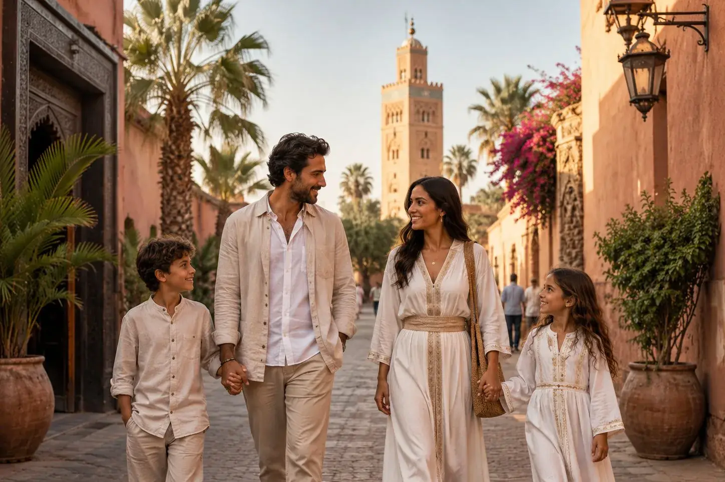 Family with two children walking past the Koutoubia in Marrakech