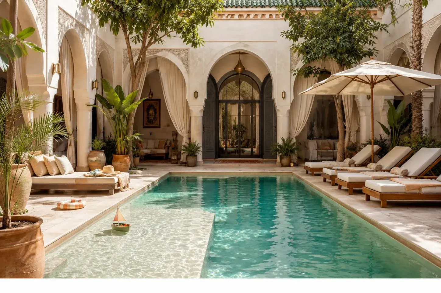 Sunny courtyard pool in a family-friendly Marrakech riad