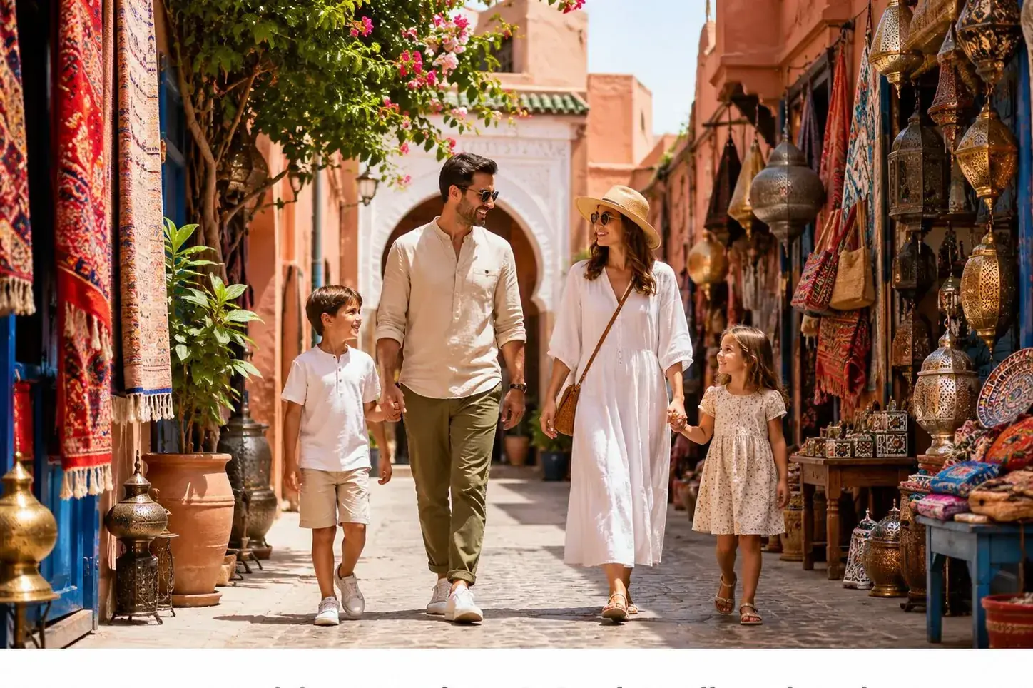 Family with two children walking through a colourful Marrakech souk