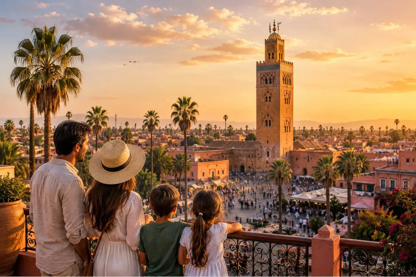 Family on a Marrakech rooftop terrace overlooking the city at sunset