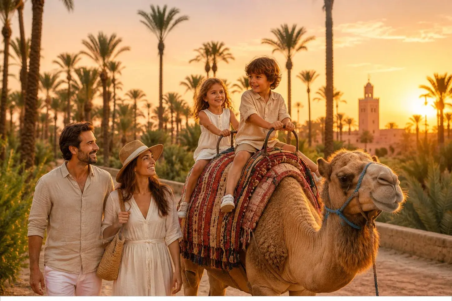 Two children enjoying a camel ride at sunset near Marrakech