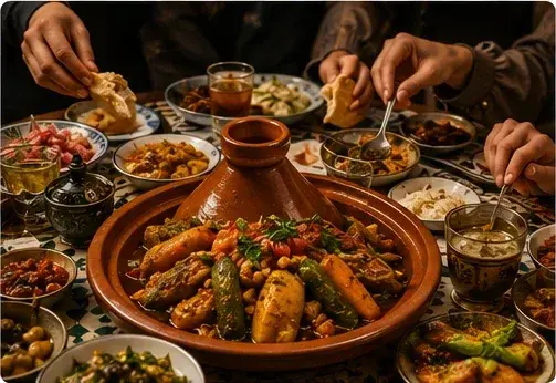 Friends sharing a traditional Moroccan feast with tagine and bread