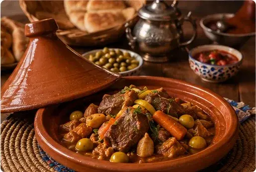 Communal tagine shared at a Moroccan table