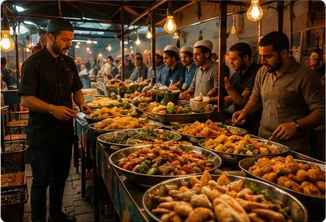 Marrakech street food stalls in the evening