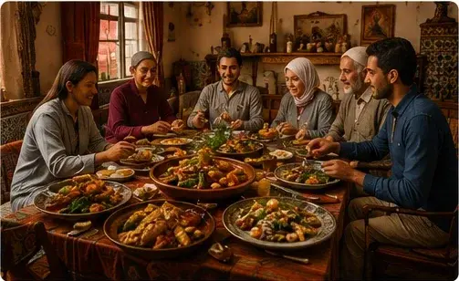 Family sharing a traditional Moroccan meal at home