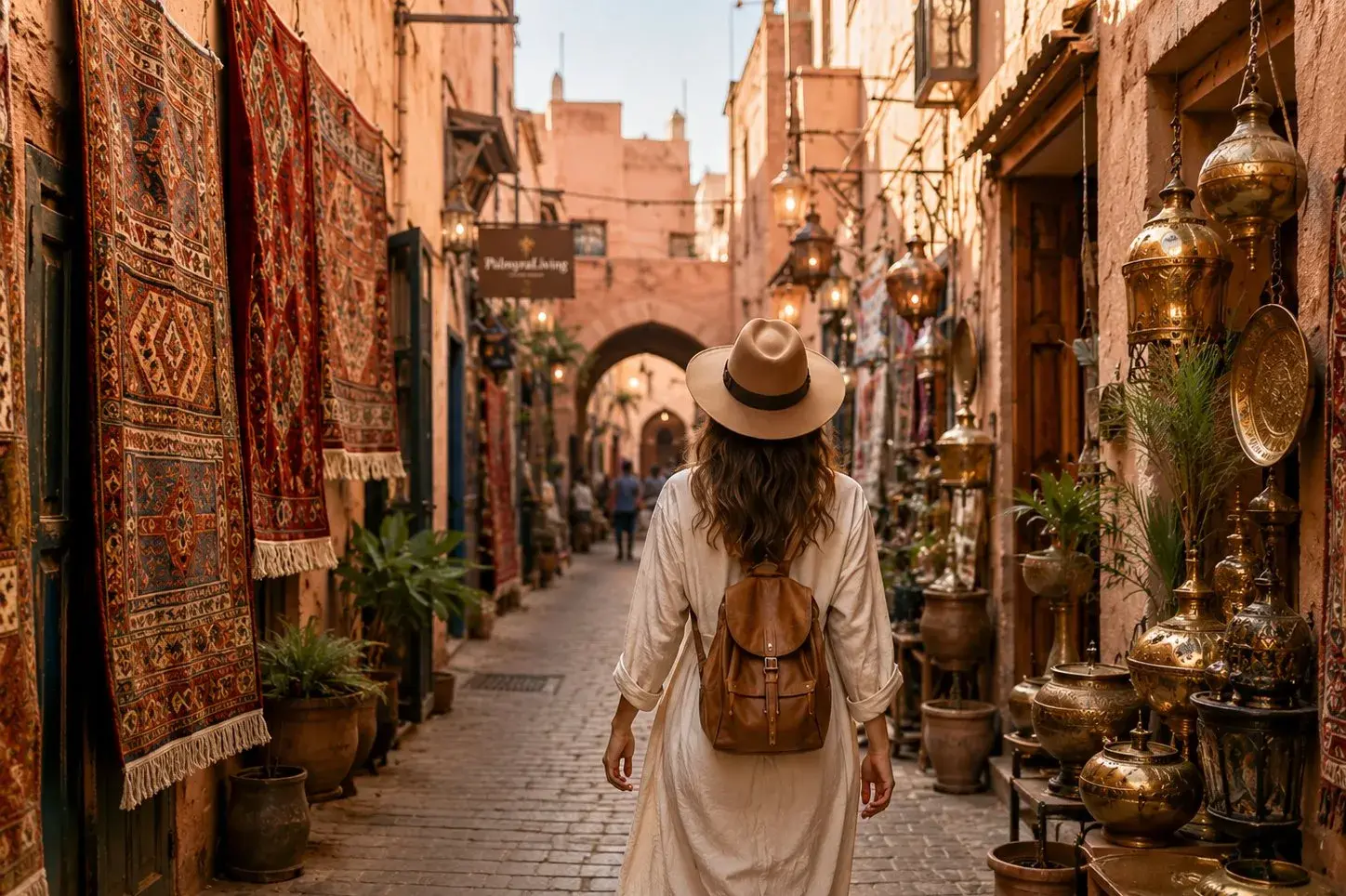 First-time visitor walking through a carpet-lined lane in the Marrakech medina