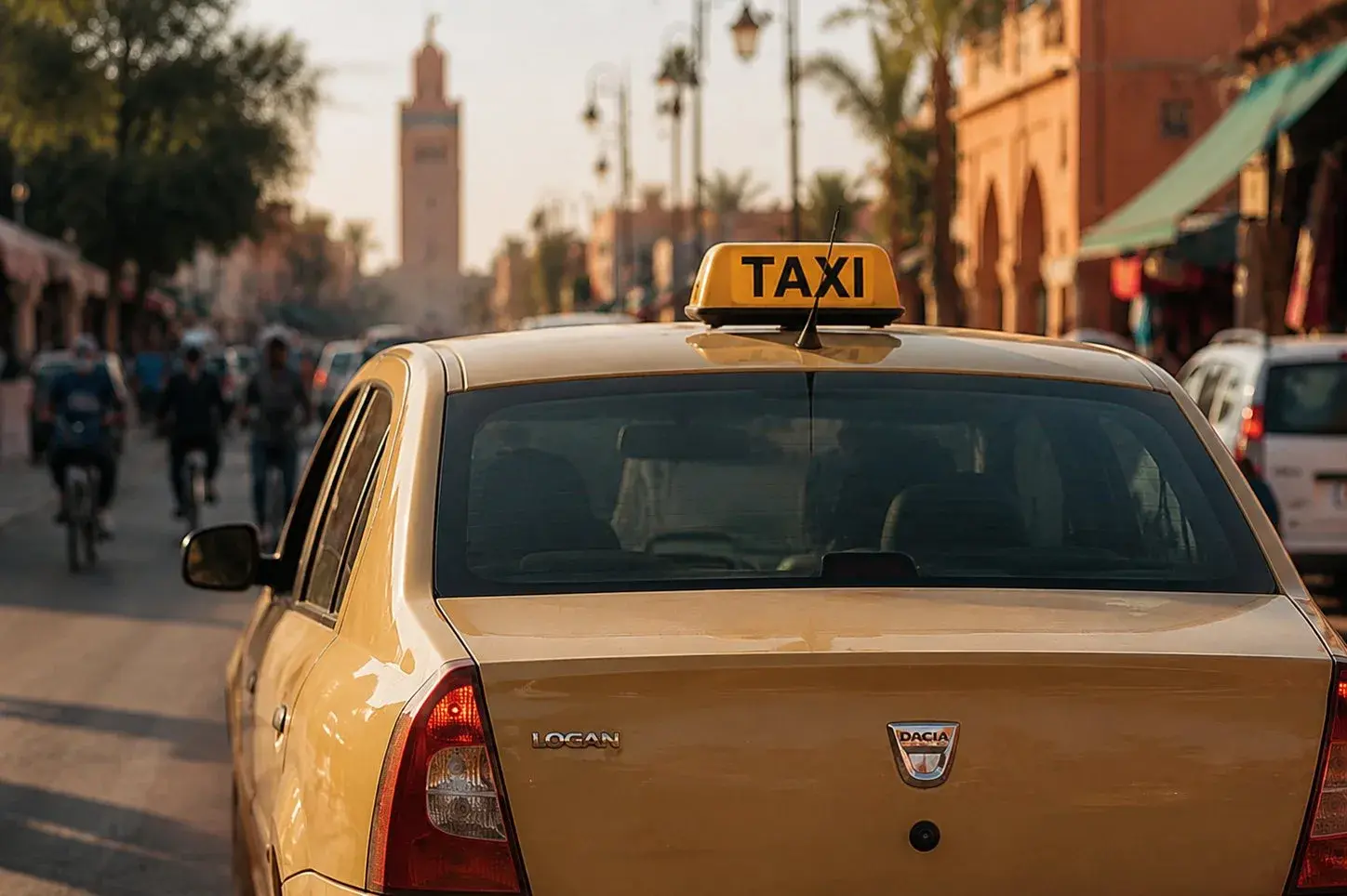 Yellow petit taxi on a Marrakech street near the Koutoubia