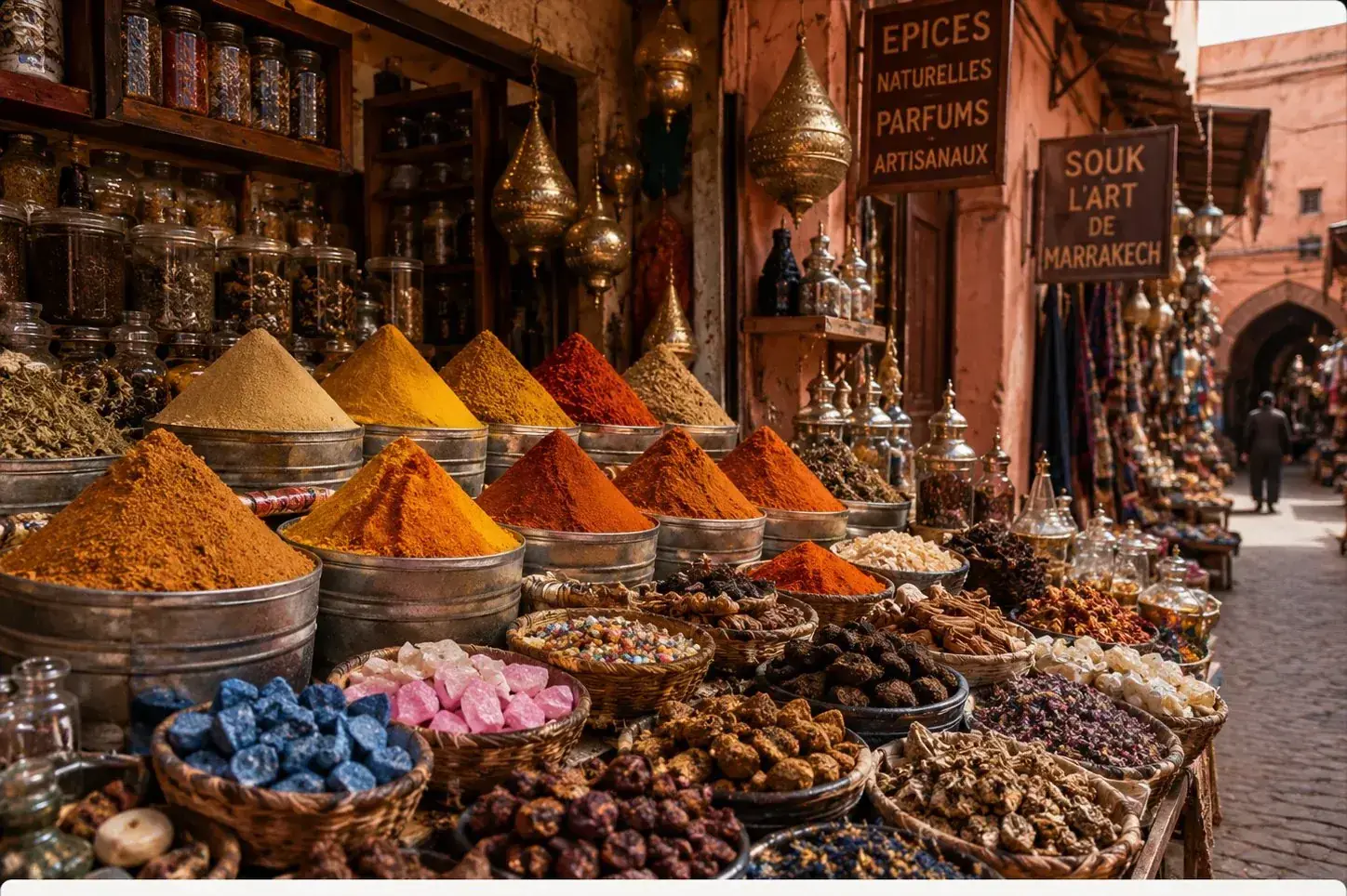 Colourful spice stall in a Marrakech souk