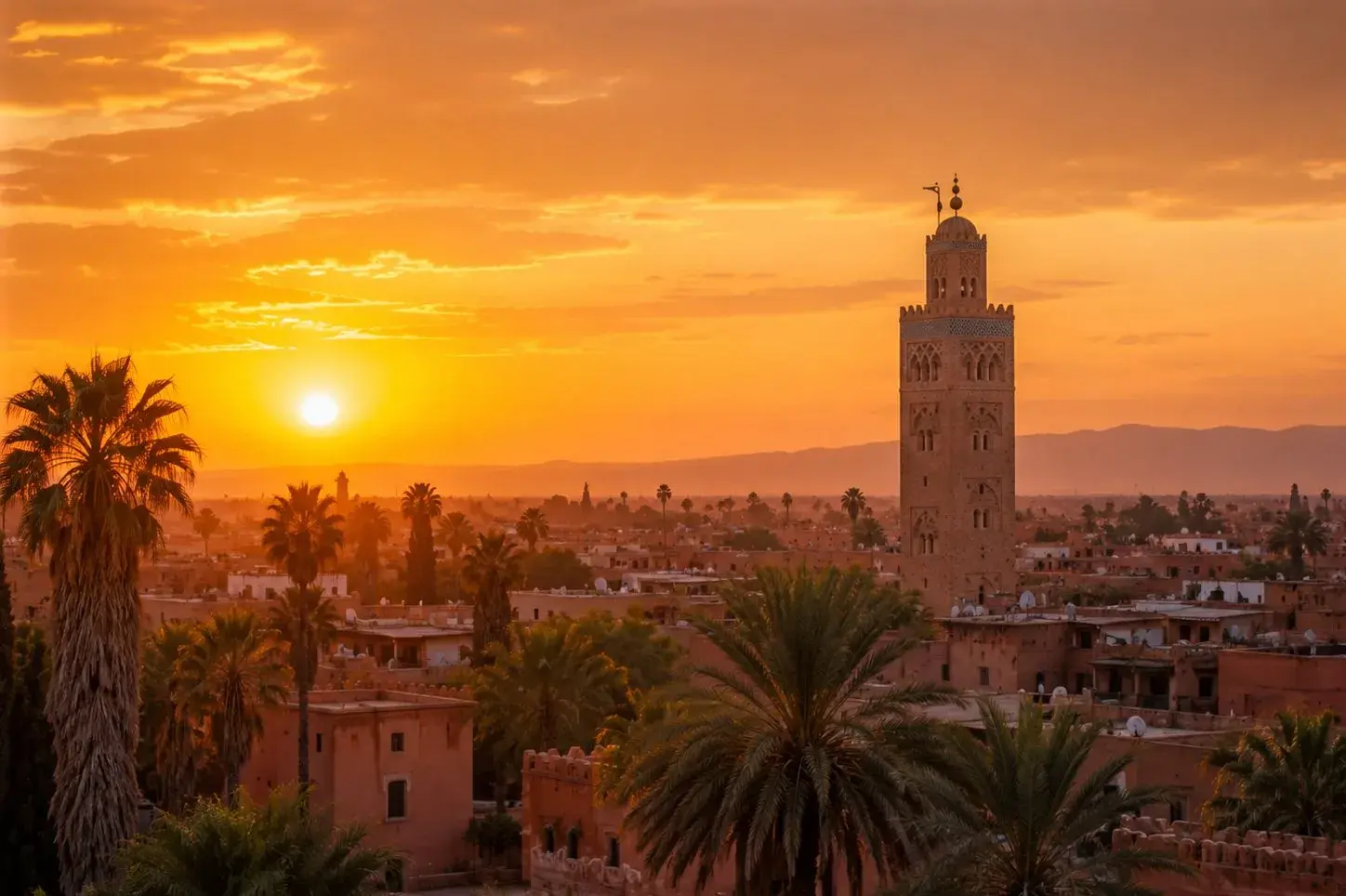 Marrakech skyline with the Koutoubia minaret at golden sunset