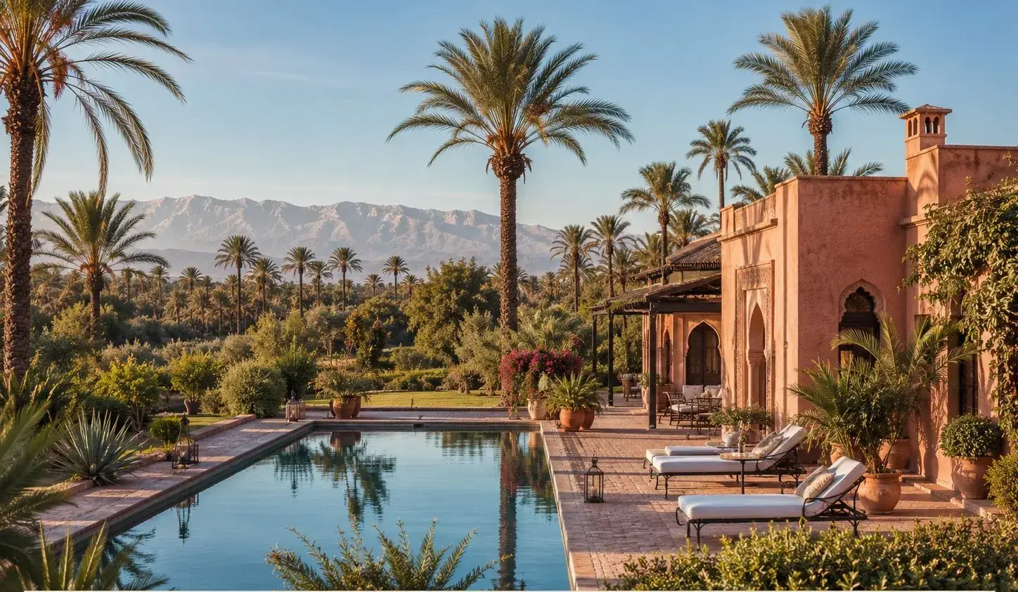 Luxury Palmeraie villa with a pool and palm trees against the Atlas Mountains near Marrakech