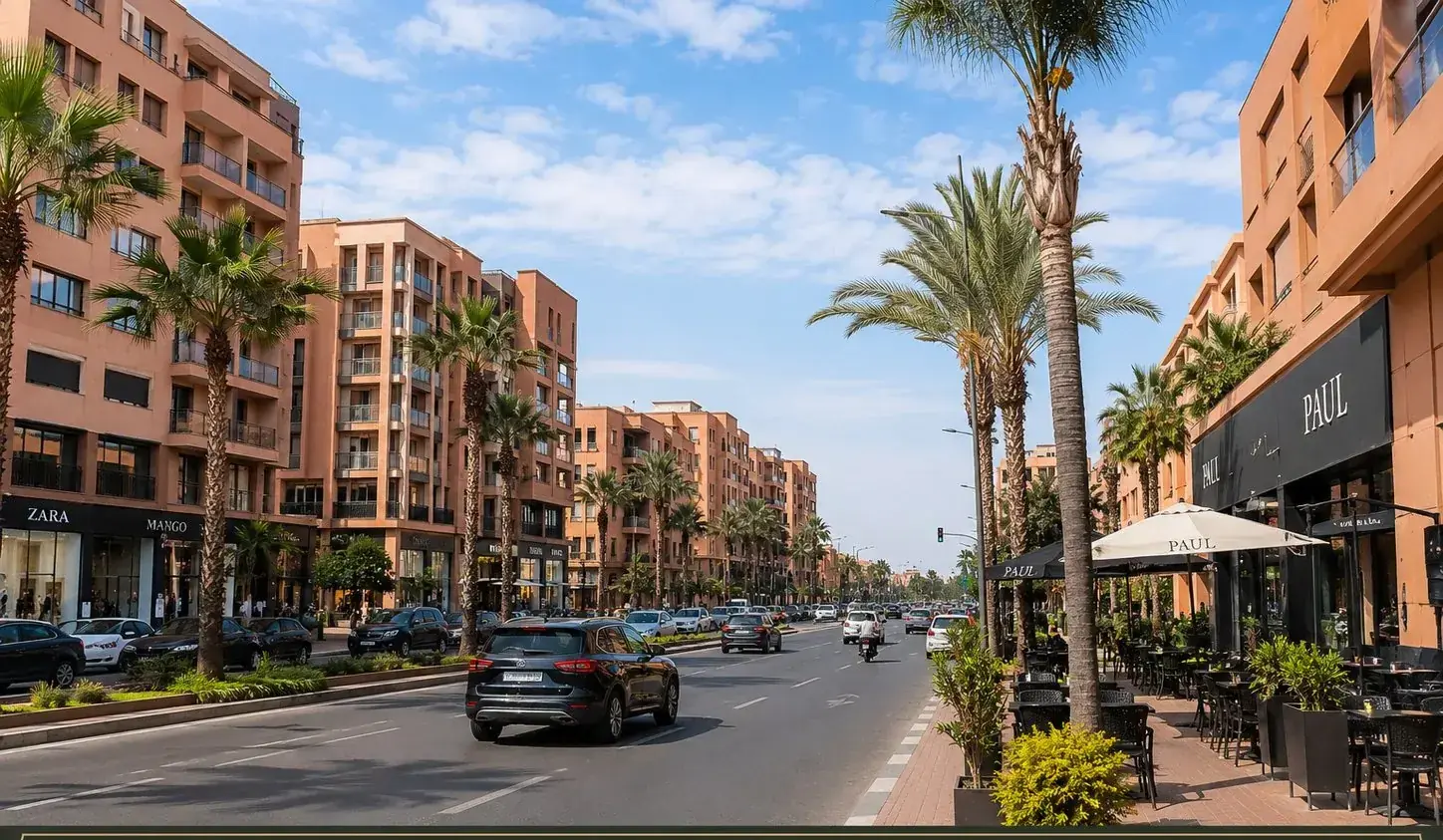 Modern boulevard with shops and cafés in Guéliz, Marrakech