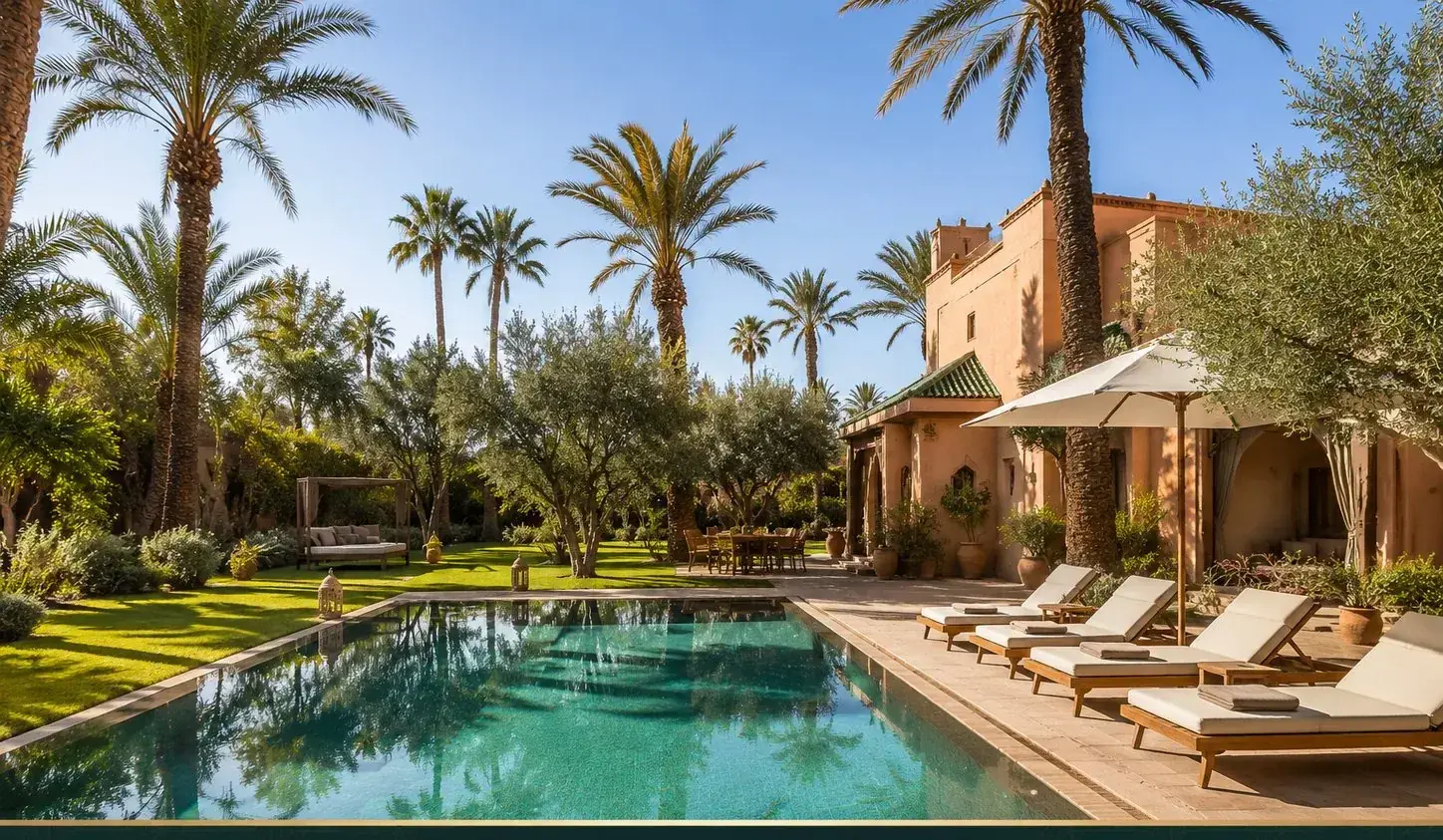 Private Palmeraie villa with a pool surrounded by palm trees in Marrakech